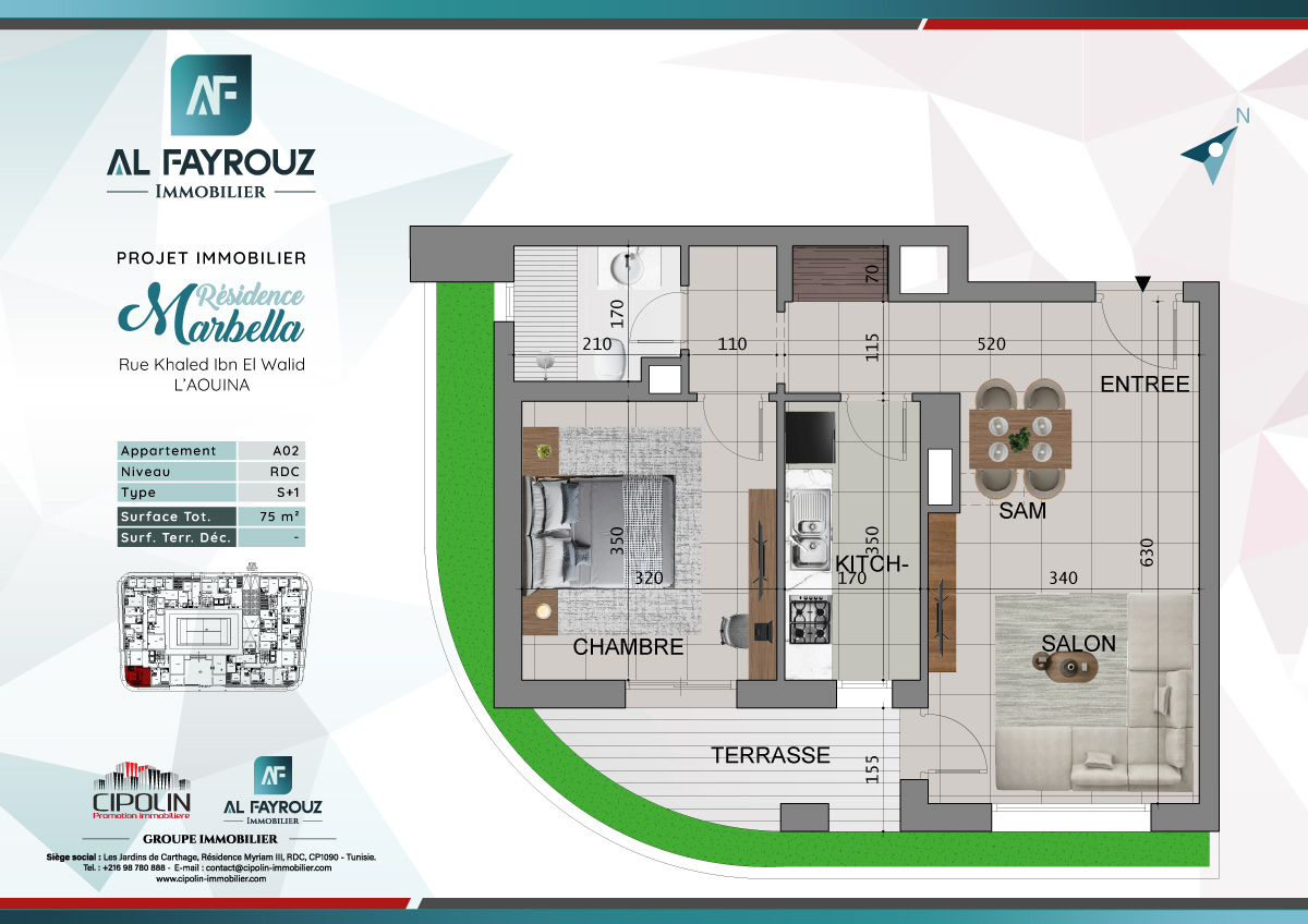 Plan de l'appartement A02 de la résidence Marbella