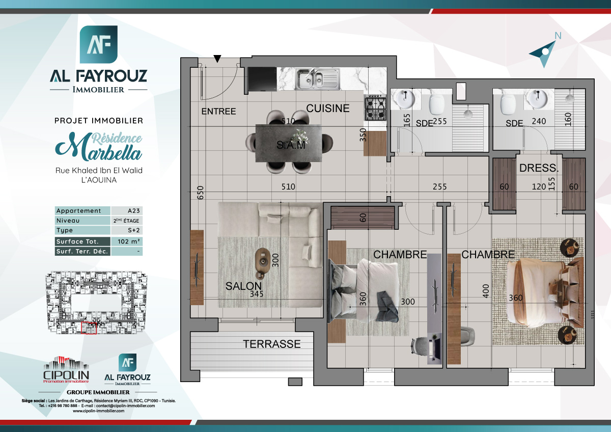 Plan de l'appartement A23 de la résidence Marbella