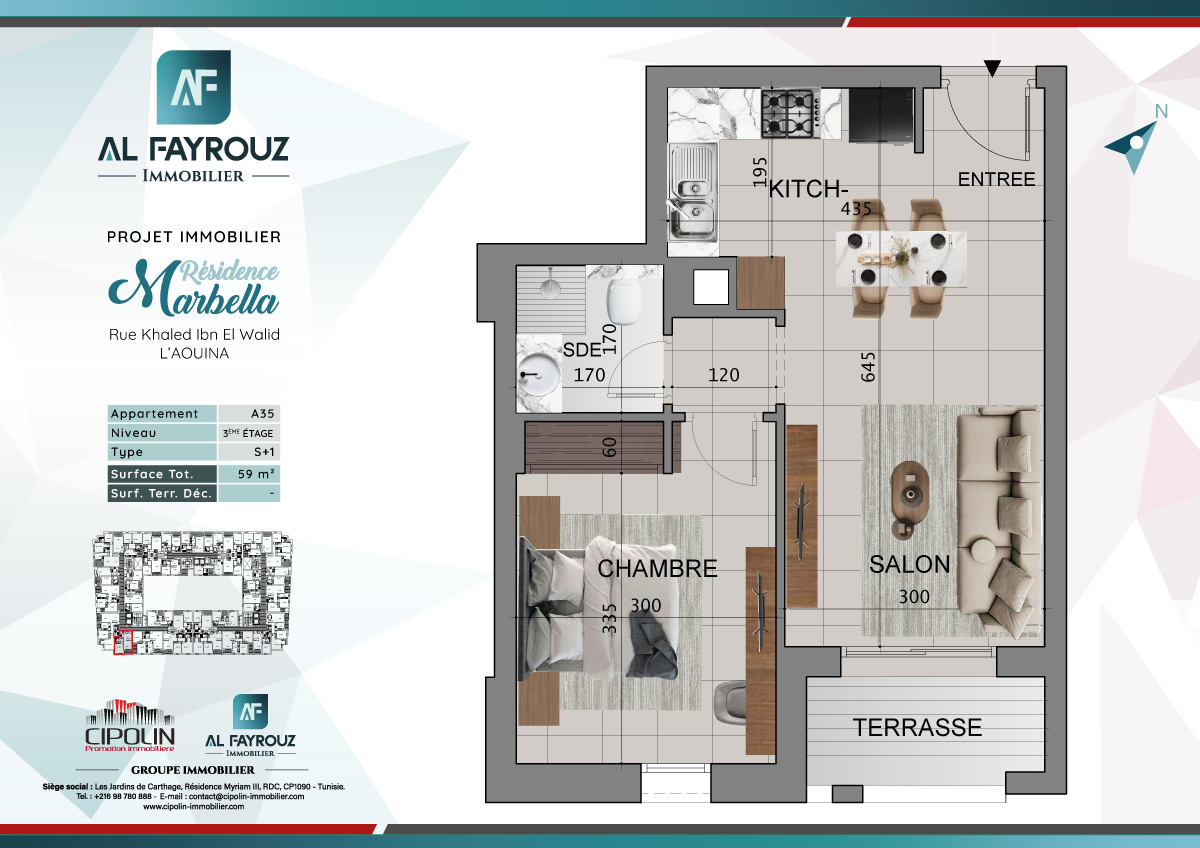 Plan de l'appartement A35 de la résidence Marbella