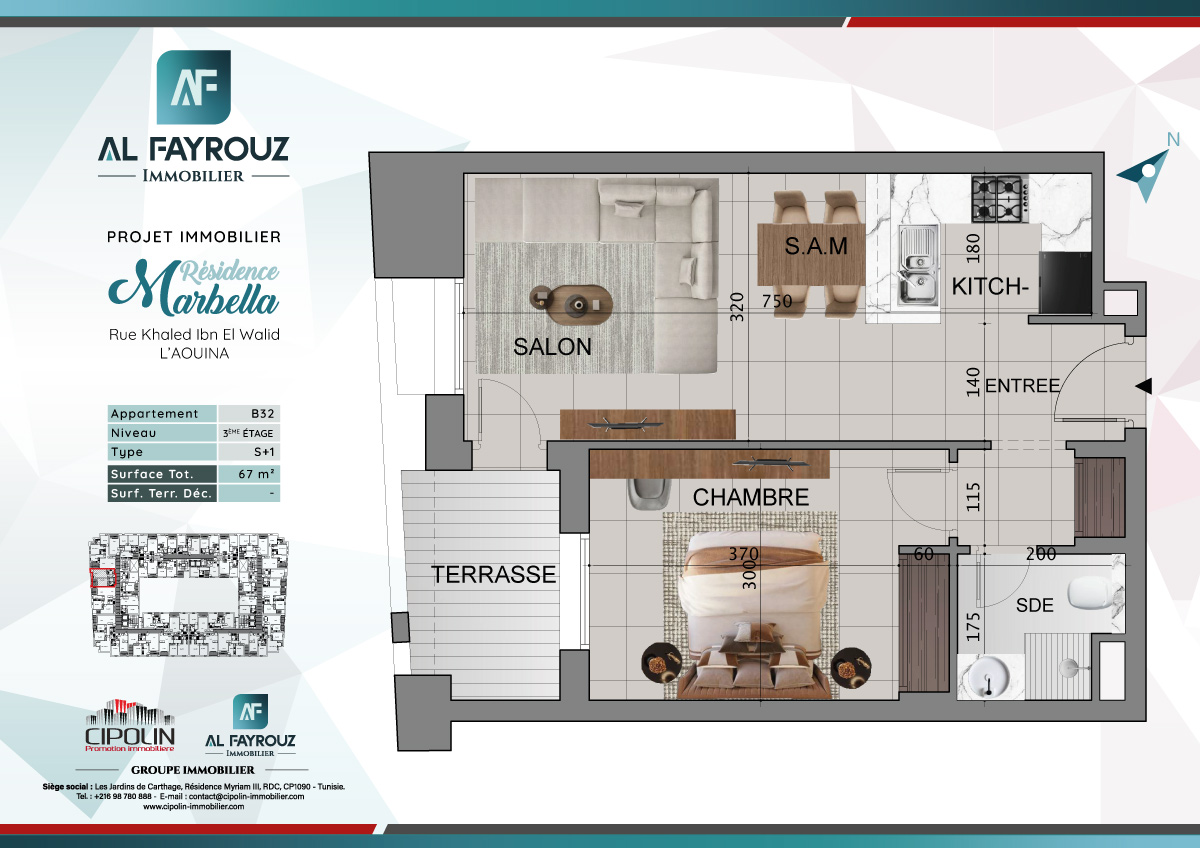 Plan de l'appartement B32 de la résidence Marbella