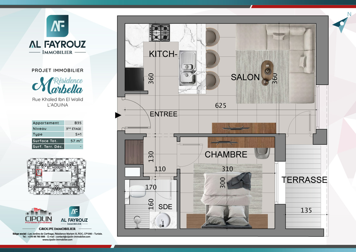 Plan de l'appartement B35 de la résidence Marbella