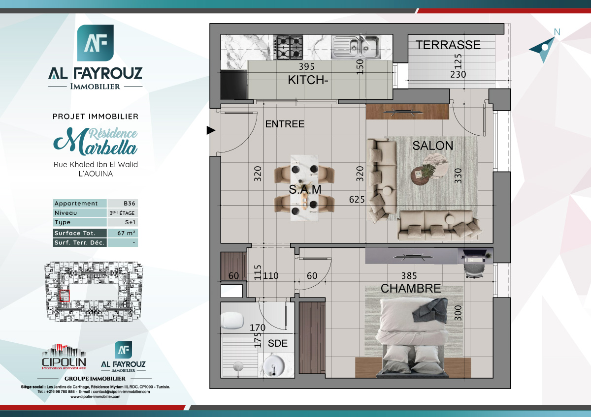 Plan de l'appartement B36 de la résidence Marbella