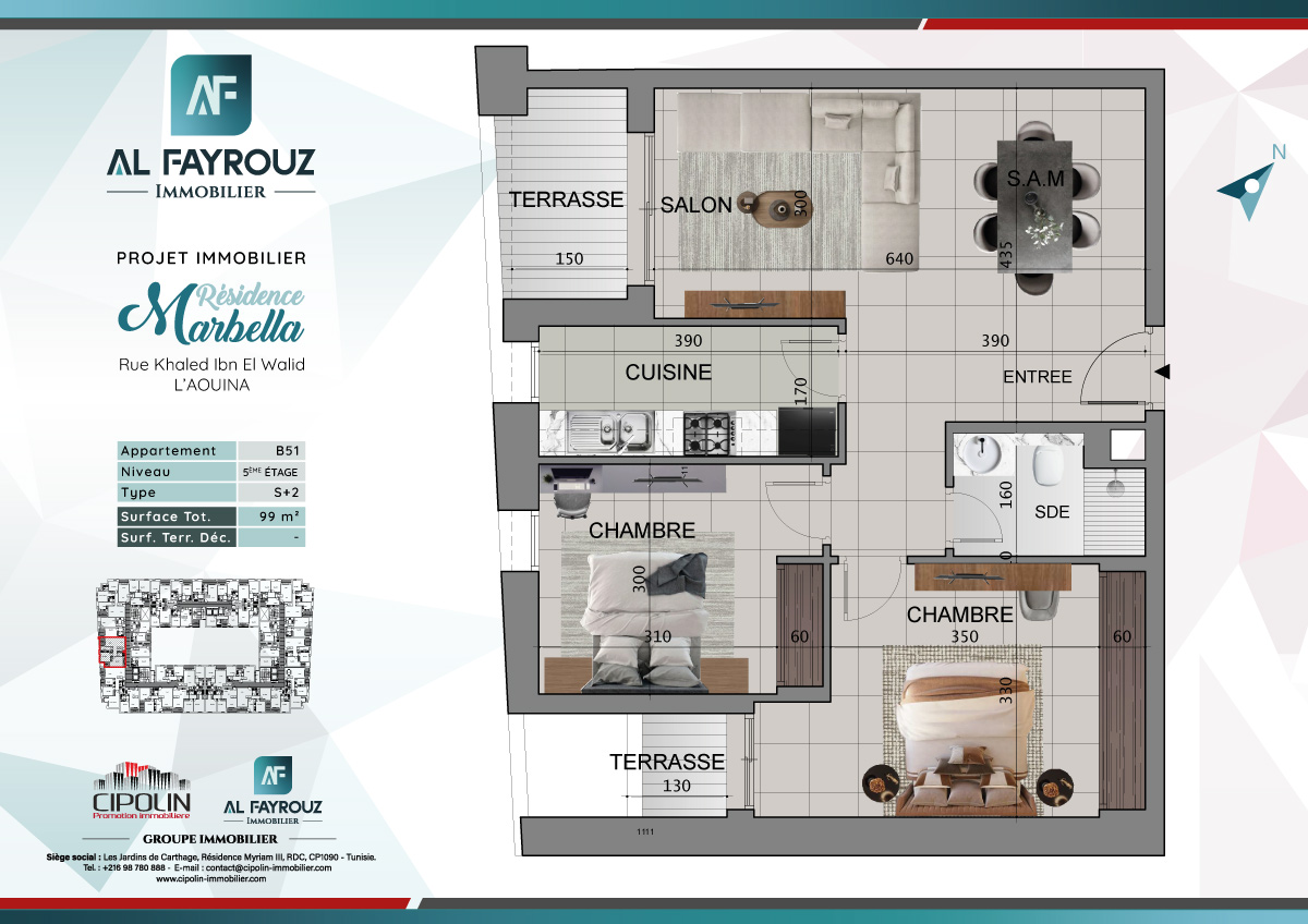 Plan de l'appartement B51 de la résidence Marbella