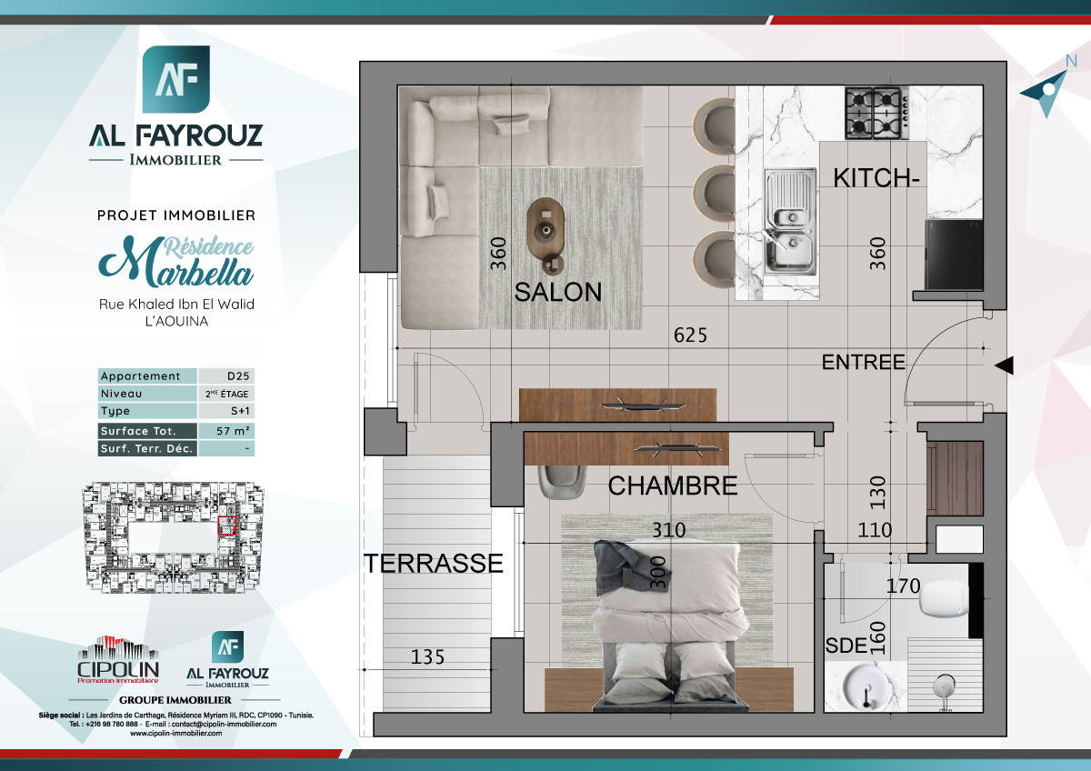 Plan de l'appartement D25 de la résidence Marbella